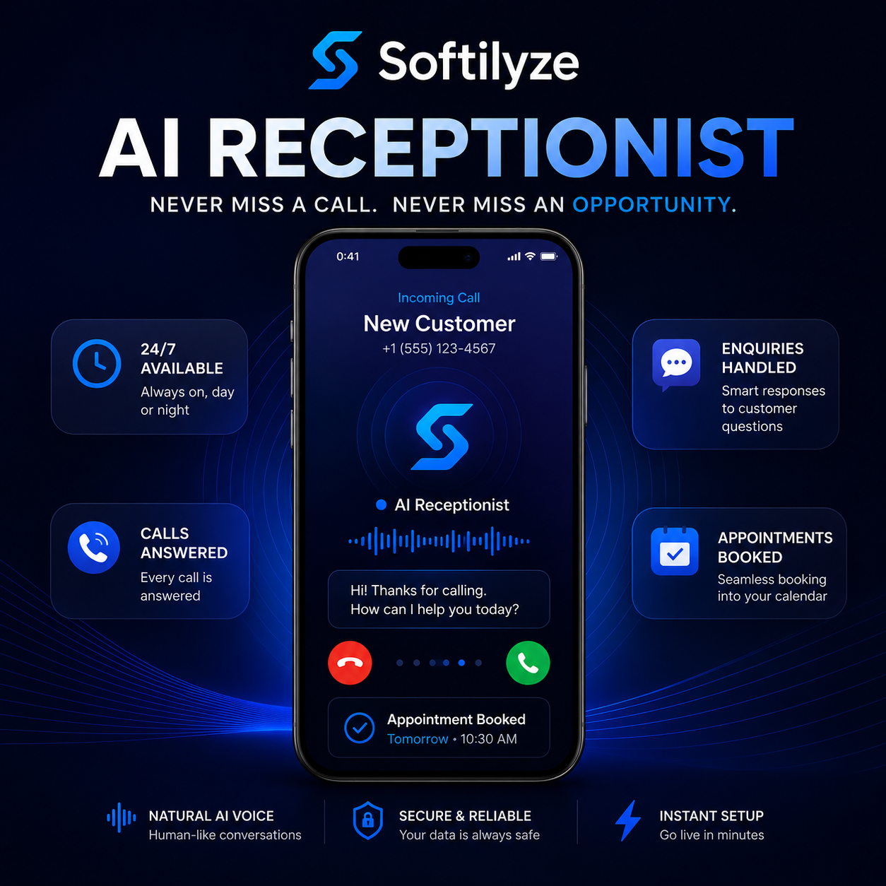 Softilyze AI Voice Receptionist | 24/7 Call Answering, Appointment Booking & Call Transfer